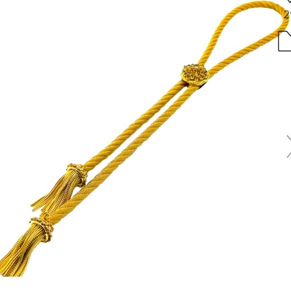 VTG Bolo Gold Tone Citrine Rhinestones Twisted Rope Lariat Chain Tassel Necklace